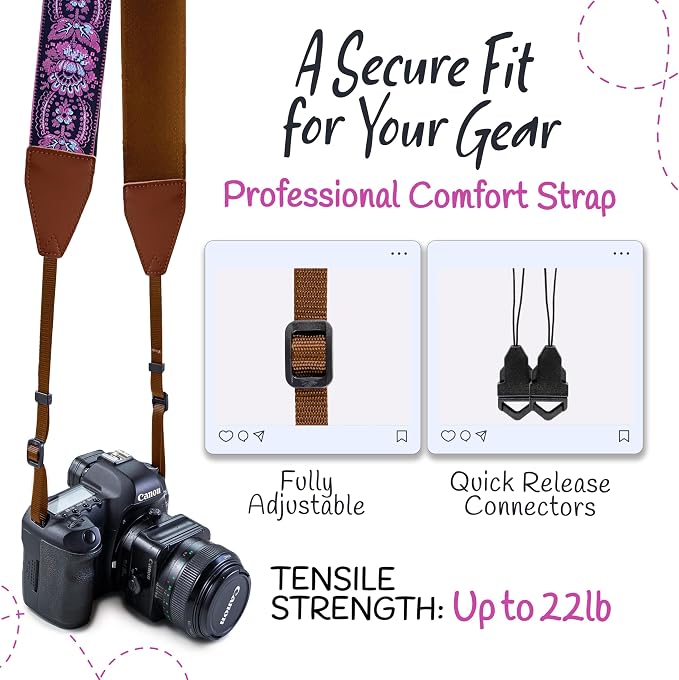 Art Tribute Camera Strap - Shoulder, Crossbody & Neck Camera Strap for Photographers, Fits All Cameras, Canon Nikon Sony Fujifilm, Padded Strap W/Quick Release, Embroidered Cotton & Leather Ends - Image 4