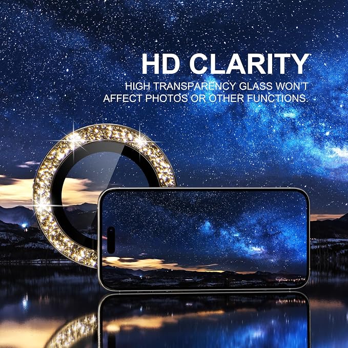 Choiche for iPhone 15 Pro/iPhone 15 Pro Max Camera Lens Protector | Ultra HD, Bling 9H Tempered Glass Camera Cover Screen Protector Metal Ring Decoration Accessories (Glitter-Gold) - Image 5