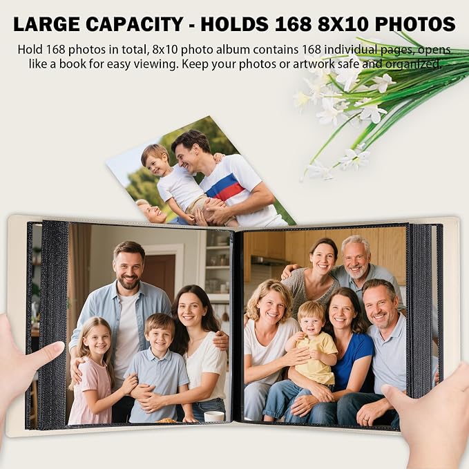 Aevdor 8x10 Photo Album, 168 Photos, Leather Cover, Beige | Large Capacity, Side-Loading Clear Pockets, Vertical 8x10 Layout, Black Inner Pages, Wedding, Travel, Baby & Family Memories - Image 4