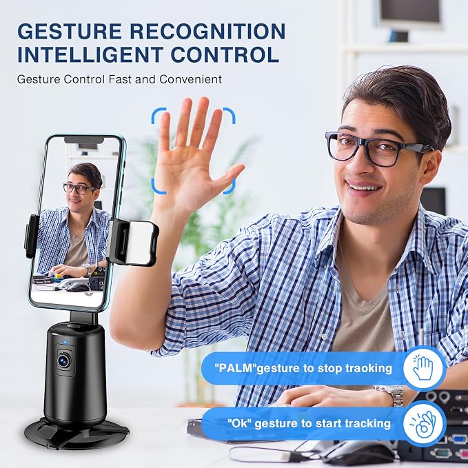 Auto Face Tracking Tripod 360° Rotating Cell Phone Photo and Video Kits Stand, No App, Camera Stand with Remote and Gesture Control, Rechargeable Smart Shooting Stand for Live Recording Tiktok（Black） - Image 3