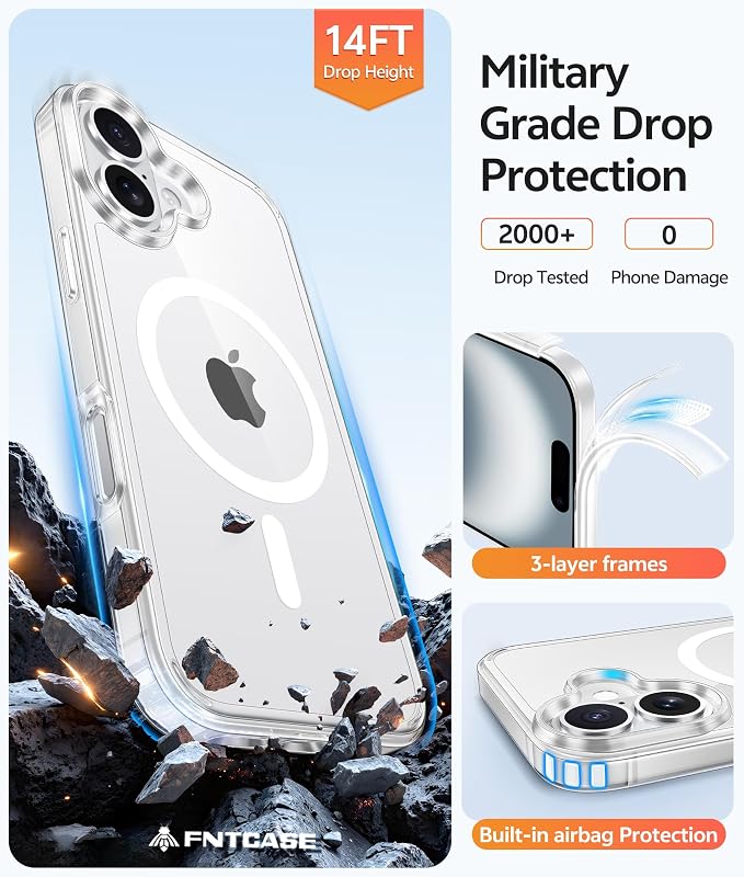 FNTCASE for iPhone 16 Case Clear,Fit for Magsafe, Screen Protector | Anti Yellowing Magnetic Back, 14FT Military Grade Drop Protection, Shockproof Protective Phone Cover, Transparent - Image 5