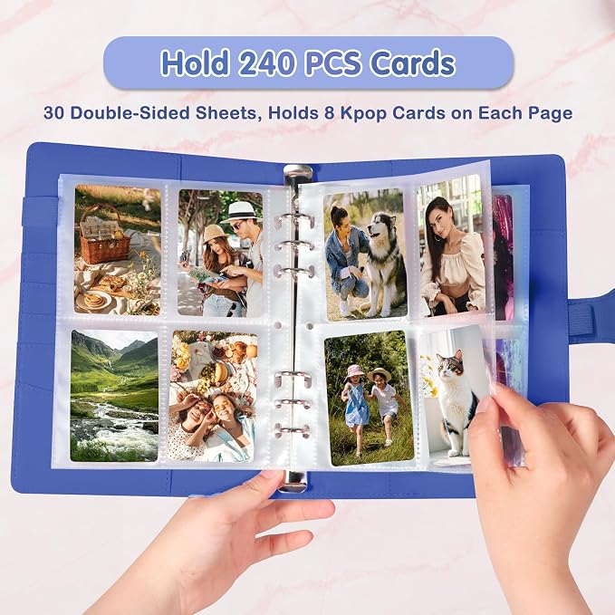 A5 Kpop Photocard Binder, PU Leather 6-Ring Album with Magnetic Closure, Includes 30 Pack 4-Pocket Pages for 240 Cards, Card Holder for Trading and Collectible Cards (Deep Blue) - Image 2