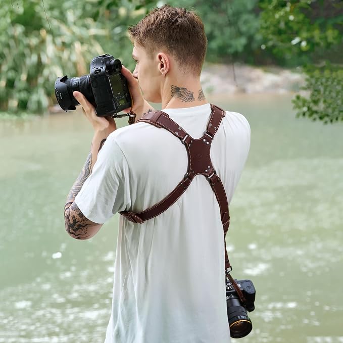 Padwa Lifestyle Dark Brown Dual Camera Harness for Two Cameras - Wide Strap with Thick Shoulder Padded,Full Grain Leather Double Harness,Multi Camera Gear for DSLR Strap for Photographers - Image 4