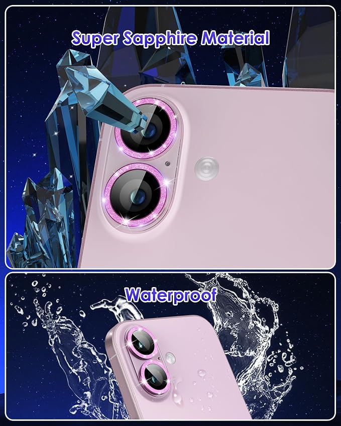 Compatible for iPhone 17 /iPhone 16 /iPhone 16 Plus Camera Lens Protector Glitter, Clear Acrylic Plus Aluminium Alloy Ring 9H Tempered Glass Screen Camera Cover Glitter Pink+Pink - Image 5