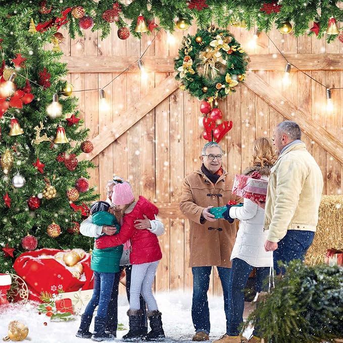 Christmas Backdrop 10x8ft Soft Fabric Rustic Barn Wood Door Backdrop for Photography Xmas Tree Snow Wall Floor Party Photo Background Family Banner Decorations Studio Prop Pictures - Image 5