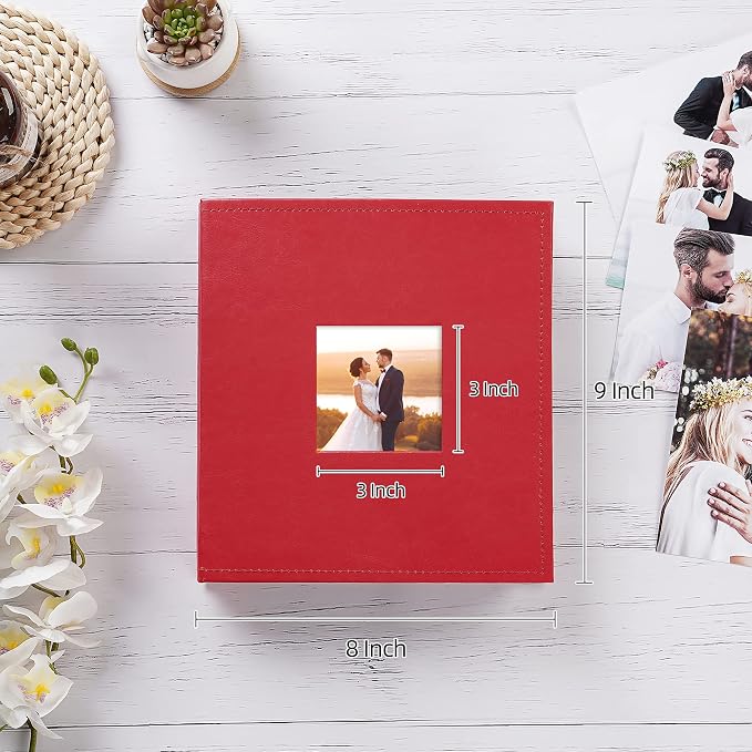 potricher Small Photo Album 4x6 200 Photos, Leather Cover, Red | Leather 4x6 Picture Album with 200 Horizontal Pockets, Photo Book for Family, Wedding, Anniversary, and Baby - Image 2