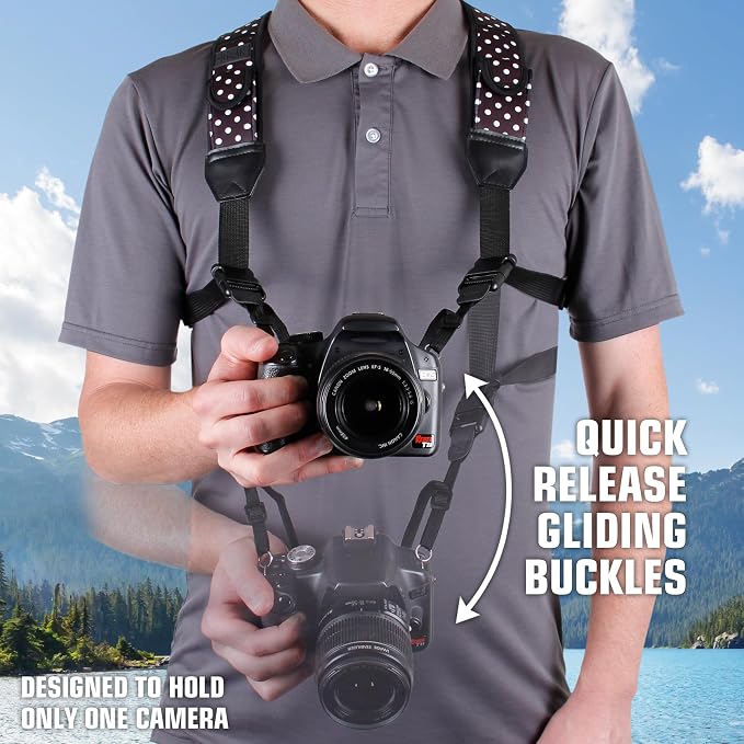USA Gear DSLR Camera Strap Chest Harness with Quick Release Buckles, Polka Dot Neoprene Pattern and Accessory Pockets - Compatible with Canon, Nikon, Sony Point and Shoot and Mirrorless Cameras - Image 2