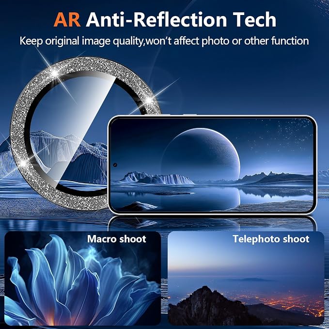 for Samsung Galaxy S25 FE Camera Lens Protector, Individual Metal Ring Tempered Glass Lens Cover, [Strong Adsorption] Scratch Resistant Ultra-Thin HD Clear Lens Cover, 1 Set-Black Sparkly - Image 3