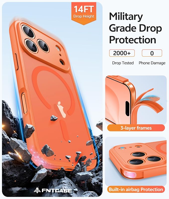 FNTCASE for iPhone 17 Pro Case, Fit for Magsafe, Screen Protector, Orange | Full Camera Protection, Translucent Matte, 14FT Military Grade Drop Proof, Shockproof Protective Phone Cover - Image 5