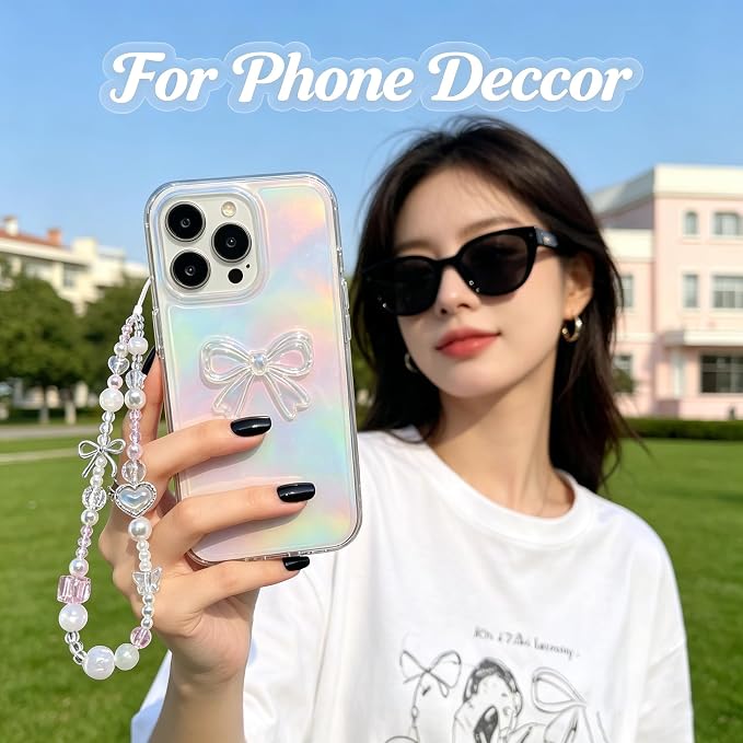 2 Pcs Phone Charm Strap Hand Wrist Strap Camera Lanyard Pearl Beaded Cute Chain String Accessories Universal for iPhone 17 Pro Max 16 15 14 for Samsung Women Girls Keychain Bag White Pearls and Bows - Image 9