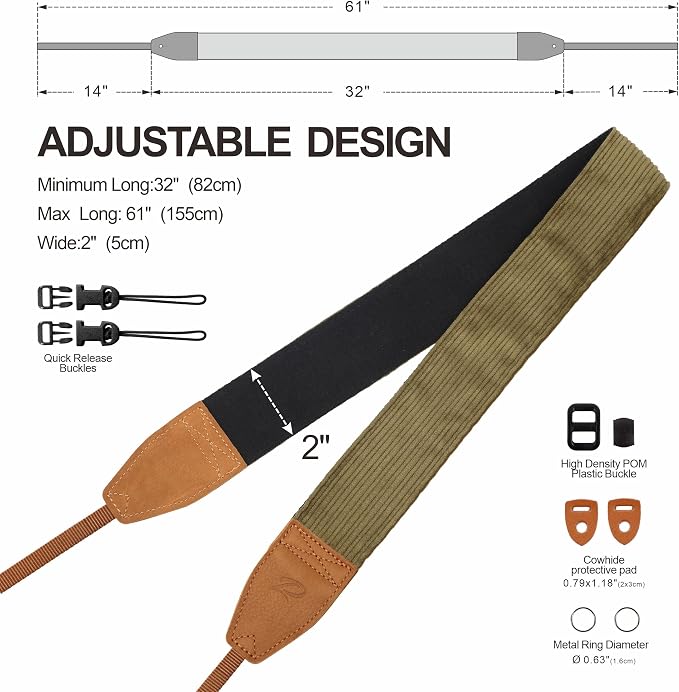 Padwa Lifestyle Olive Green Corduroy Camera Strap - 2" Double Layer Full Grain Cowhide Leather Head Camera Straps for Photographers, Unique Soft Corduroy Fabric with Quick Release fits all Cameras - Image 6