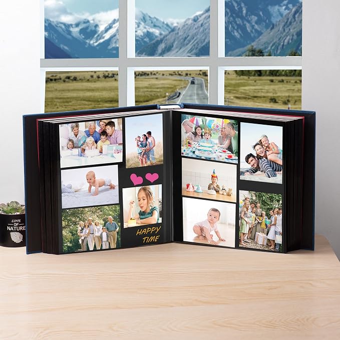 Large Photo Album Self Adhesive 4x6 5x7 3x5 8x10 Scrapbook Magnetic Album DIY Scrap Book Length 13 x Width 12.8 (Inches) 120 Black Sticky Pages Linen Cover DIY Photo Album(Blue) - Image 3
