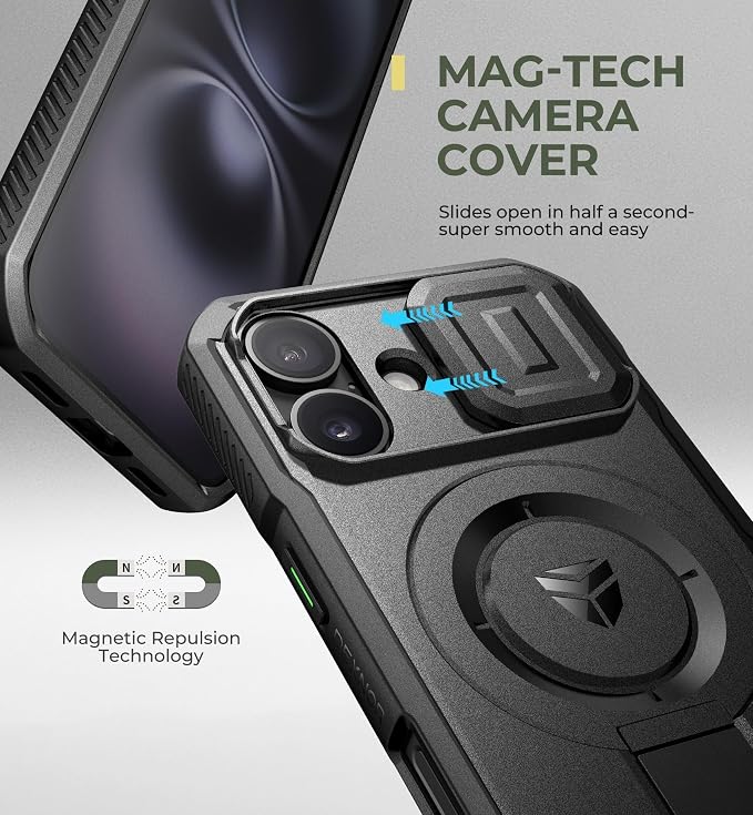 Dexnor for iPhone 16 Case with Slide Camera Cover & Adjustable Kickstand, Magnetic Rugged Shockproof Bumper Cases Heavy-Duty Magnetic Protective Cover,Black - Image 4