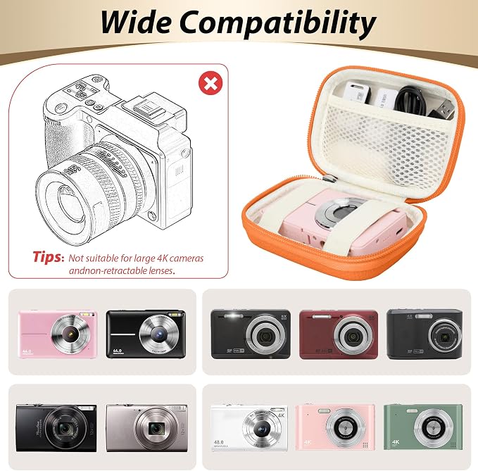 Digital Camera Case for KODAK PIXPRO FZ55/FZ45, Case Only, Orange | Fits CAMKORY DC403 and Canon PowerShot ELPH 360 HS Compact Digital Cameras, Small Hard Shell Camera Pouch with Mesh Pocket - Image 3