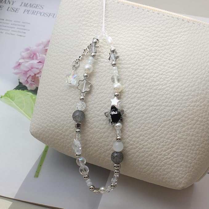 Beaded Camera Wrist Strap,Cute Phone Charm Decor,Pearl Bracelet Wrist Strap | Phone Keychain Decoration for Wallet,Durable Nylon Rope Lanyard,Compatible with all Phone Case,Silver Star - Image 6