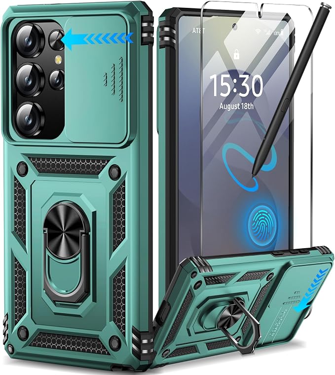 Taisairu for Samsung Galaxy S25 Ultra Case with Screen Protector & Slide Camera Lens Cover, Built-in Magnetic Ring Stand Shockproof Protective Phone Case for Samsung S25 Ultra Case (Green) by Taisairu
