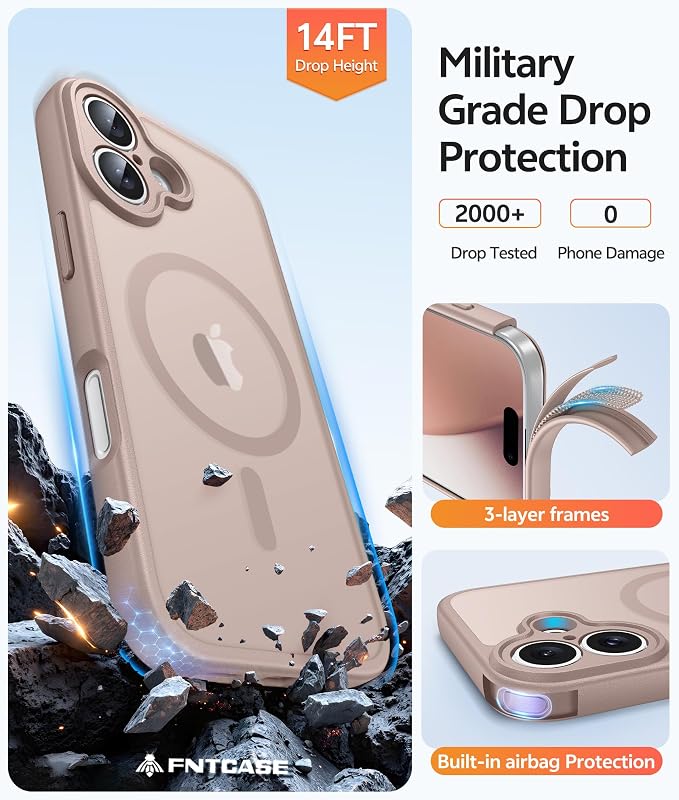 FNTCASE for iPhone 17 Case, Compatible with Magsafe, Glass Screen Protector | Full Camera Protection, Translucent Matte, 14FT Military Grade Drop Proof, Shockproof Protective Phone Cover, Desert Gold - Image 6