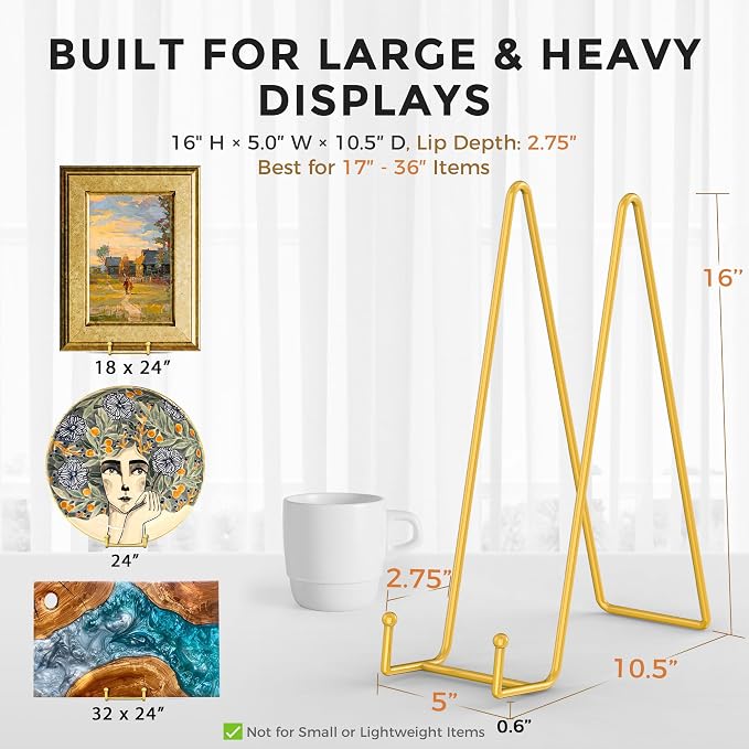 TR-LIFE 16 Inch Gold Metal Plate Stand (2 Pack) - Heavy Duty Display Stand for Extra-Large Plates, Frames, Platters and Art - Image 3