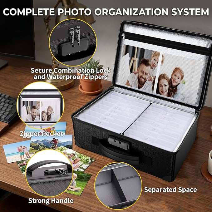 ENGPOW Fireproof 5200°F Photo Storage Box with 16 Inner 4" x 6" Photo Case(Clear), Photo Organizer with Lock, Portable Acid-Free Photo Keeper Safe Storage with Handles for Home, Office, Travel - Image 4