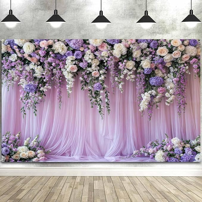 7x5ft Purple Lavender Floral Bridal Backdrop Wedding Flower Photography Backdrop for Girl Portrait Baby Shower Birthday Party Decor Banner Mother's Day Party Wall Backdrop Studio Photo Backgrounds - Image 3