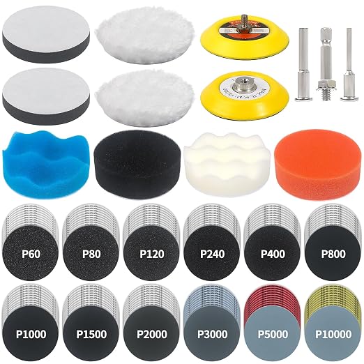 133 PCS Sanding Disc Drill Polishing Kit Sanding Attachment, 3 Inch Wet Dry Headlight Restoration Kit, Hook and Loop Sandpaper Buffing Pads with Rotary Tools for Car Wood Metal Glass Resin Expoxy by ProCarvingDiscManufacturer