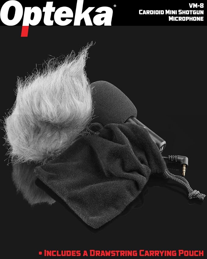 Opteka 3.5mm Cardioid Mini-Shotgun Hot Shoe Microphone for Mirrorless Cameras, DSLRs, and Camcorders with Windscreen, Fuzzy Dead Cat, Pouch - Image 9