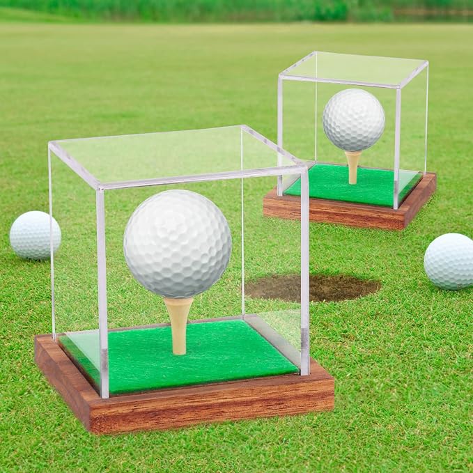 2 Pack Clear Acrylic Golf Ball Display Case with Wood Base & Tee, Memorabilia Stand Cube Holder, Dust Protection Transparent Storage Box for Single Ball Souvenir Golfball Collections - Image 7