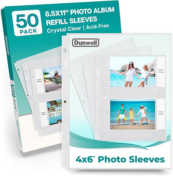 Dunwell Photo Sleeves for 3-Ring Binder, (4x6 Horizontal, 50 Pack) for 200 Pictures, Each Photo Page Sheet Protector Holds Four 4 x 6 Pictures or Postcards, Acid-Free Poly 4x6 Album Refill Pages by Dunwell