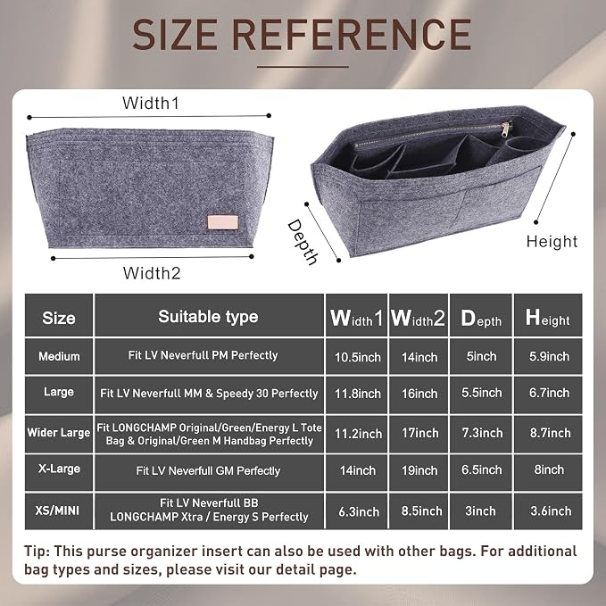 Doxo Purse Organizer Insert for Handbags & Base Shaper 2pc Set, Felt Neverfull MM Organizer Insert, Tote Bag Organizer with Zipper Pocket and Bottle Holder, Fit Speedy 30 Neverfull MM and More,Gray-L - Image 2