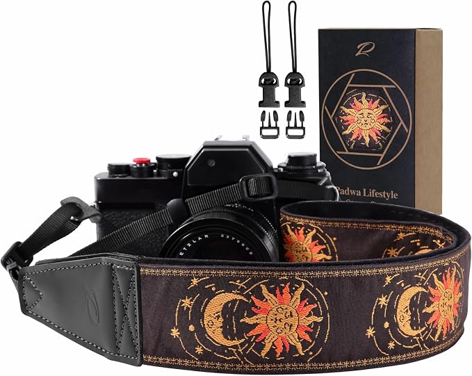 Padwa Lifestyle Helios Moon God Camera Strap -2" Full Grain Leather Ends Camera Straps for Photographers, Vintage Embroidered Cotton Weave Soft Suede Fabric Padded Strap Quick Release fits All Cameras by PadwaLifestyleCameraStrap