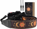 Padwa Lifestyle Helios Moon God Camera Strap -2" Full Grain Leather Ends Camera Straps for Photographers, Vintage Embroidered Cotton Weave Soft Suede Fabric Padded Strap Quick Release fits All Cameras by PadwaLifestyleCameraStrap