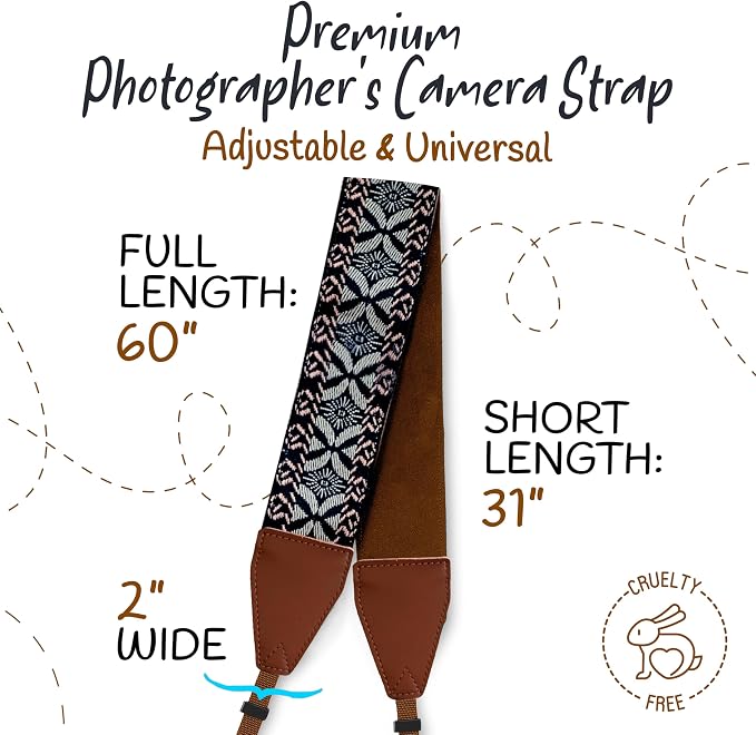 Art Tribute Camera Strap - Shoulder, Crossbody & Neck Camera Strap for Photographers, Fits All Cameras, Canon Nikon Sony Fujifilm, Padded Strap W/Quick Release, Embroidered Cotton & Leather Ends - Image 5