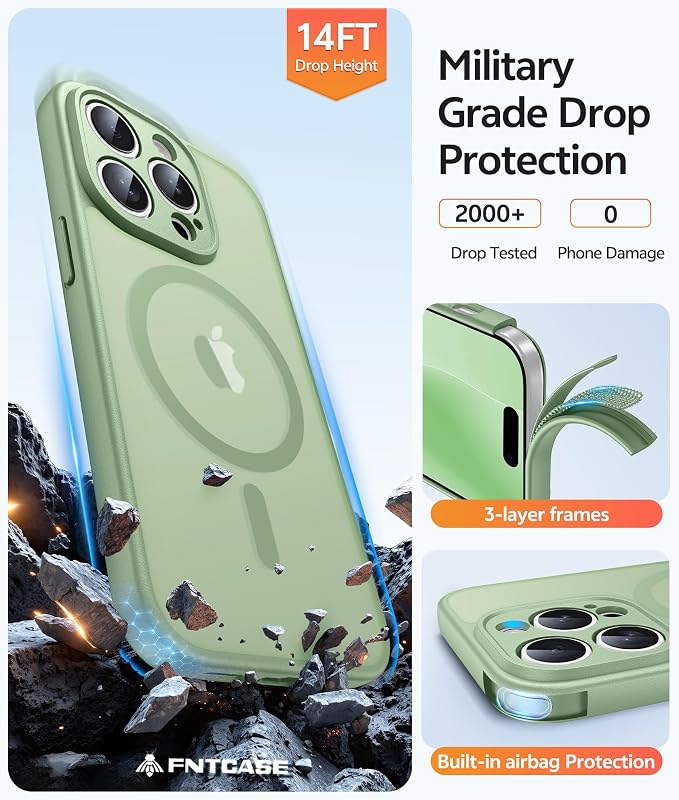 FNTCASE for iPhone 14 Pro Max Case, Fit for Magsafe, Glass Screen Protector | Full Camera Protection, Translucent Matte, 14FT Military Grade Drop Proof, Shockproof Protective Phone Cover, Light Moss - Image 5