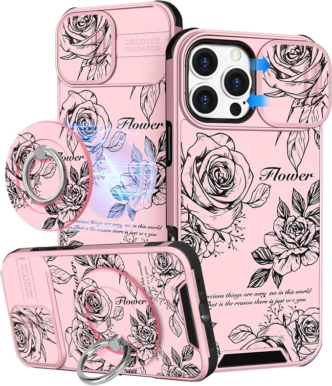 Buleens for iPhone 16 Pro Max Case 6.9 Inch - with Ring Stand & Camera Cover Aesthetic Cute Designed Women Girl Girly Pretty Kawaii Rose Flower Phone Case for iPhone 16 Pro Max Compatible with Magsafe by Buleens