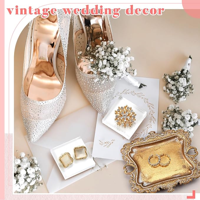 Cinnvoice 8 Pcs Flat Lay Photography Props Set for Jewelry & Wedding Details, Vintage Jewelry Tray, Acrylic Display Blocks, Chiffon Silk Ribbon for Bridal Party Decor Gift(4 Square Bases) - Image 8