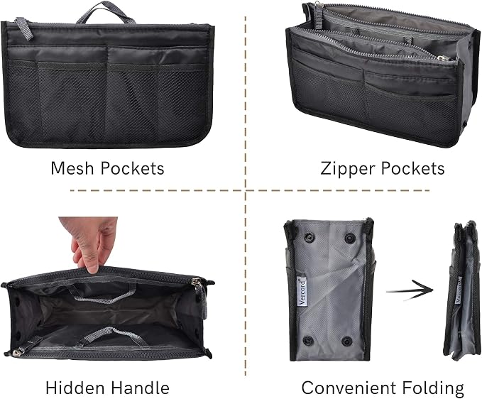 Vercord Purse Organizer Insert for Handbags Bag Organizers Inside Tote Pocketbook Women Nurse Nylon 13 Pockets Black Large - Image 4