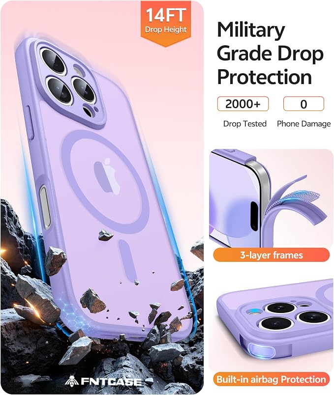 FNTCASE for iPhone 16 Pro Max Case, Fit for Magsafe, Glass Screen Protector | Full Camera Protection, Translucent Matte, 14FT Military Grade Drop Proof, Shockproof Protective Phone Cover, Light Purple - Image 5