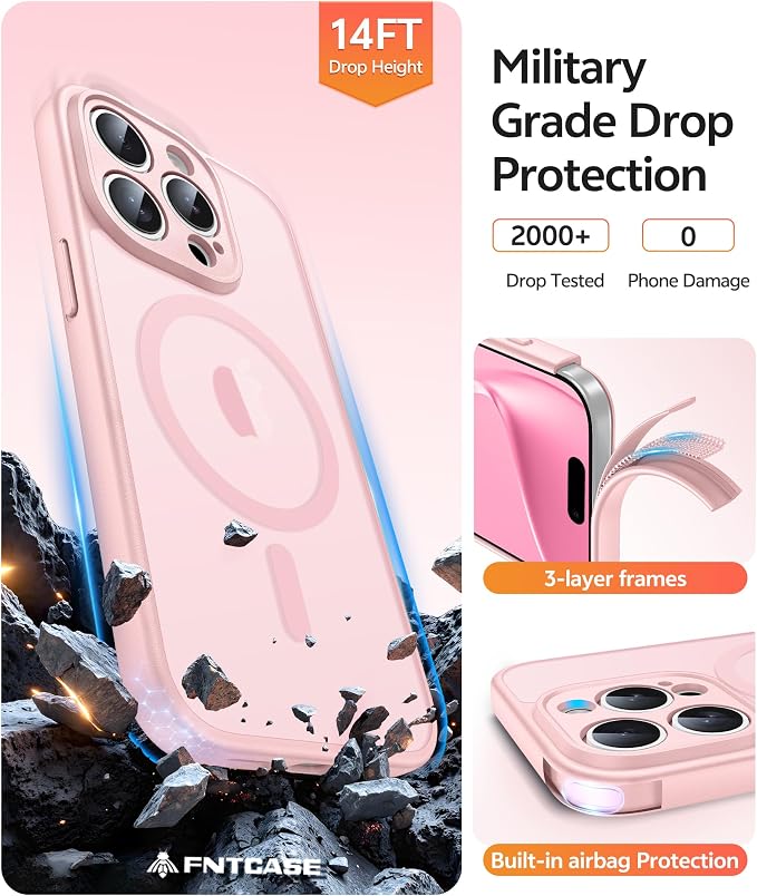 FNTCASE for iPhone 15 Pro Max Case, Fit for Magsafe, Glass Screen Protector | Full Camera Protection, Translucent Matte, 14FT Military Grade Drop Proof, Shockproof Protective Phone Cover, Light Pink - Image 5