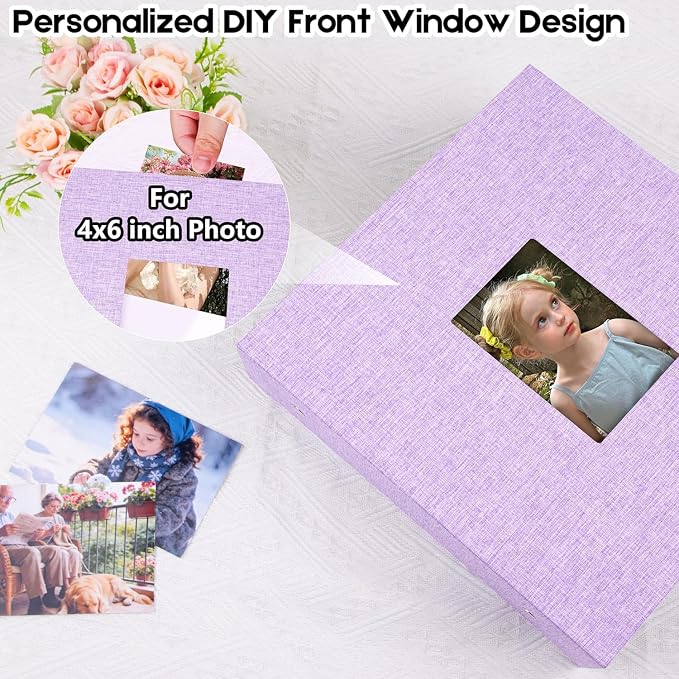 Aevdor Large Capacity 4x6 Photo Album, 1000 Photos, Linen Cover, Purple | Black Inner Pages, 3 Horizontal and 2 Vertical Pockets per Side, Front Photo Window, Family, Wedding & Travel Memories - Image 5
