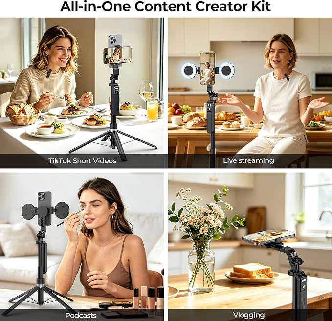 Content Creator Essentials Vlogging Kit, Magnetic Tripod & 2 Lights 2 Mics | 68" Magnetic Tripod for iPhone MagSafe/Android with Remote & 2 in 1 Magnetic Holder for Video Recording/Travel/Vlogging - Image 6