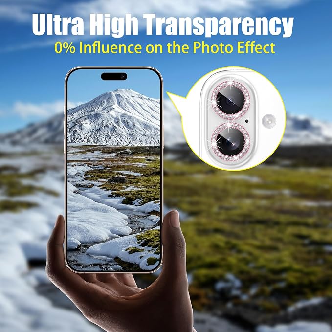 AGVEE 3+3 6 Pack for iPhone 16/16 Plus Camera Lens Protector Cover | Individual Bling Diamond & Bling Glitter Sparkle Cute Gem Metal Ring, 9H Tempered HD Glass - Image 6