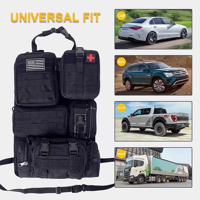 Universal Tactical Car Seat Back Organizer Bag Tactical Molle Vehicle Organizers Panel Vehicle Protector Organizers with 5 Detachable Pouches for Car Truck Ford Jeep (Black) - Image 3
