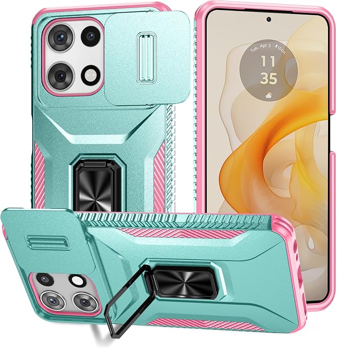 for Moto G 5G 2025 Case,with Sliding Camera Lens Cover,HD Screen Protector,360° Rotating Ring Kickstand,AYMECL Military-Grade Shockproof Protective Cover for Motorola Moto G 5G 2025,Mint+Pink by AYMECL