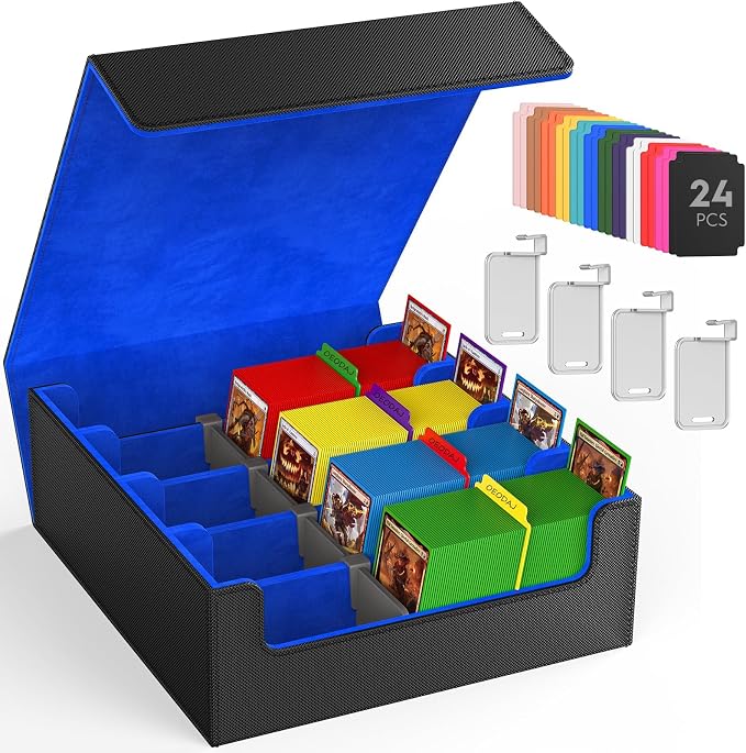 4 Row Trading Card Storage Box, 3200+ MTG Card Storage, Black & Blue | TCG Card Organizer Box with 24 Colorful Dividers and 4 Stands, Bulk PKM Storage, Deck Case Holder Fits for YuGiOh, Game Cards by OEODAJ
