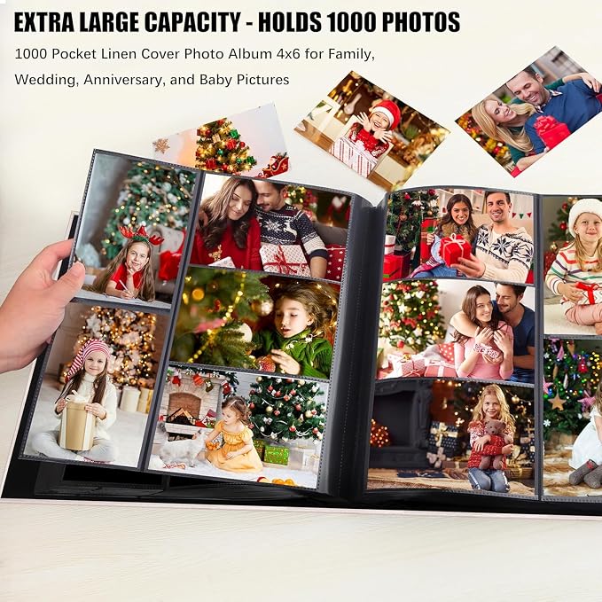Aevdor Large Capacity 4x6 Photo Album, 1000 Photos, Linen Cover, Beige | Black Inner Pages, 3 Horizontal and 2 Vertical Pockets per Side, Front Photo Window, Family, Wedding & Travel Memories - Image 3