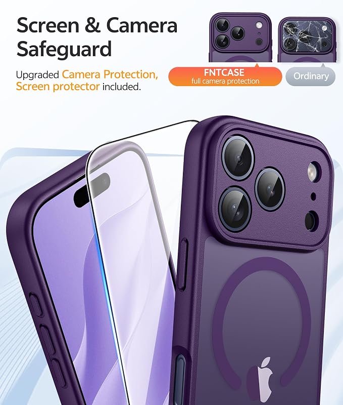 FNTCASE for iPhone 17 Pro Case, Fit for Magsafe, Screen Protector, Purple | Full Camera Protection, Translucent Matte, 14FT Military Grade Drop Proof, Shockproof Protective Phone Cover - Image 4
