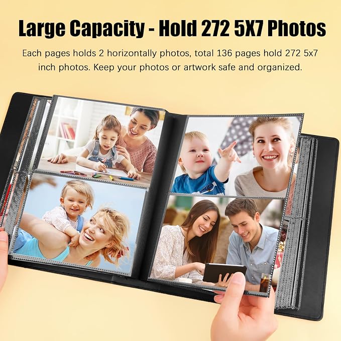 Aevdor 5x7 Photo Album, Large Capacity, 272 Photos, Leather Cover, Black | Clear 5x7 Photo Pockets, Front Display Window, Family, Wedding, Birthday, Anniversary & Travel Memories - Image 2