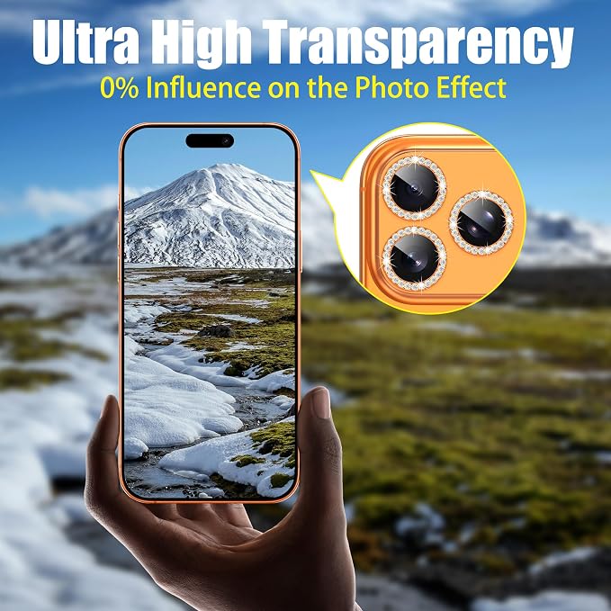 AGVEE 3+3 6 Pack for iPhone 17 Pro & Max Camera Lens Protector Cover | Individual Bling Diamond & Bling Glitter Sparkle Cute Gem Metal Ring, 9H Tempered HD Glass - Image 6