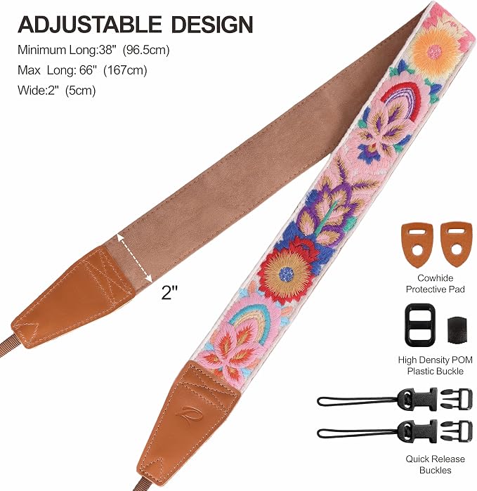 Padwa Lifestyle Colorful Knit Camera Strap - 2" Full Grain Leather Ends Camera Straps for Photographers, Vintage Embroidered Cotton Soft Suede Fabric Padded Strap Quick Release fits All Cameras - Image 6