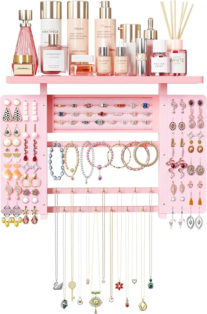 Emfogo Jewelry Organizer Hanging Wall Mounted Jewelry Holder, 5-in-1 Large Capacity Wood Necklace Organizer Wall Display for Ring, Necklaces, Bracelets, Earrings (Pink) by Emfogo
